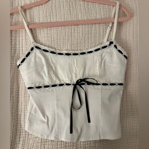 Chic White Lace Camisole with Black Ribbon